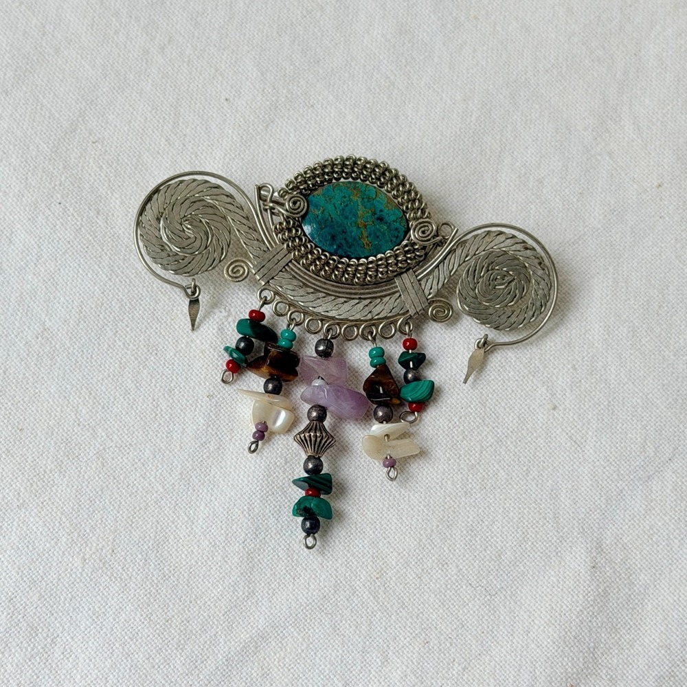 Vintage Peruvian Brooch Wire Dangle Turquoise Green Stone Brooch Pin Folk Art
